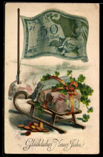 AK Schlitten mit Geldmünzen und 50 Mark-Schein als Fahne