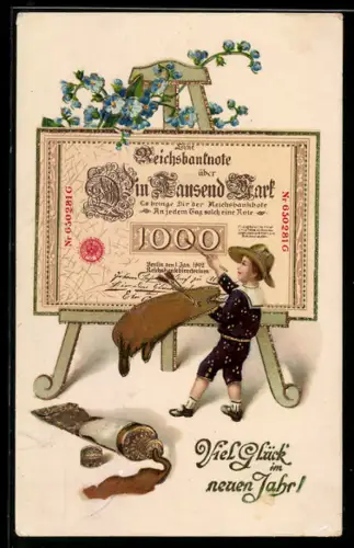 AK Kleiner Kunstmaler malt einen Tausend-Mark-Schein, Neujahrsgruss