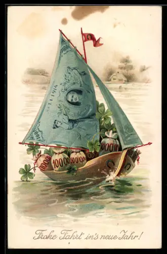 AK Boot voller Geldsäcke mit Geldscheinen als Segel