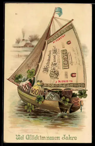 AK Segelboot mit Reichsbanknoten 1000 Mark als Segel und mit Geldsäcken beladen, Neujahrsgruss