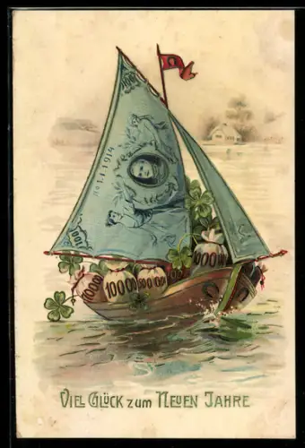 AK Kleines Segelboot mit Gelscheinen als Segel