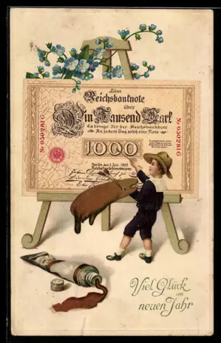 AK Kleiner Kunstmaler malt einen 1000 Mark-Schein, Neujahrsgruss