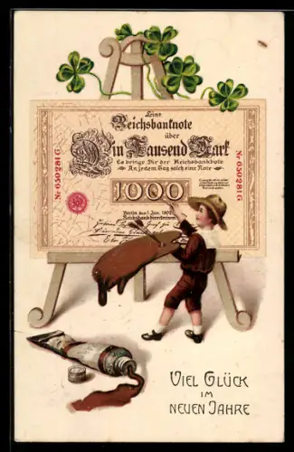 AK Kleiner Kunstmaler malt einen 1000 Mark-Schein, Kleeblätter