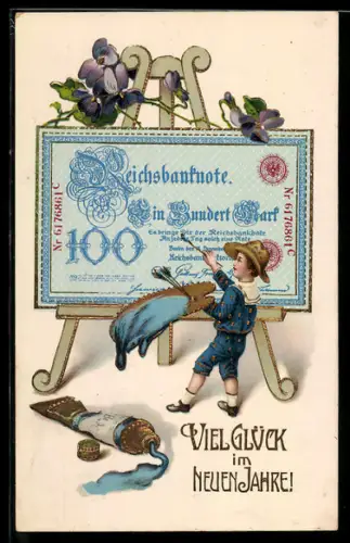 AK Kleiner Maler malt einen 100 Mark Schein, Neujahr