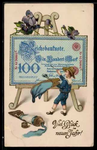 AK Kleiner Junge malt einen 100 Mark Schein auf einer Staffelei