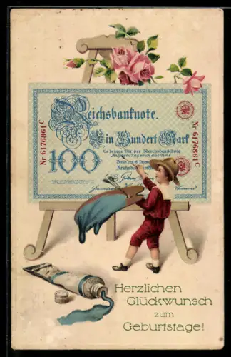 AK Kleiner Maler beim Geldfälschen, 100 Mark-Schein