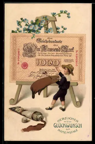 AK Kleiner Kunstmaler malt einen Tausend-Mark-Schein