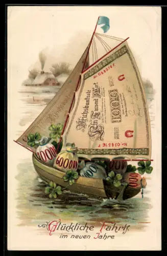 AK Segelboot mit Reichsbanknoten als Segel und mit Geldsäcken beladen, 1000 Mark