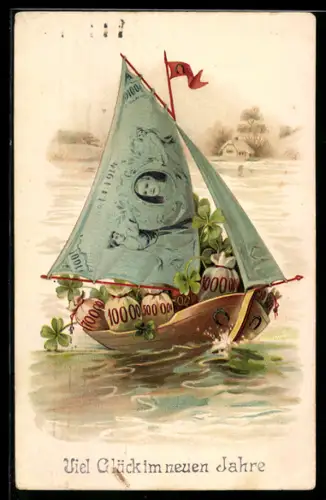 AK Kleines Segelschiff mit Banknoten als Segel und mit Geldsäcken beladen