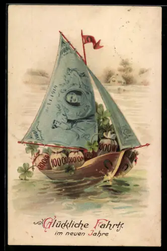 Lithographie Neujahr, Boot voller Geldsäcke u. mit Geldscheinen als Segel