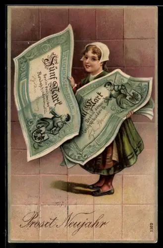 AK Mädchen mit Geldscheinen, 5 Mark