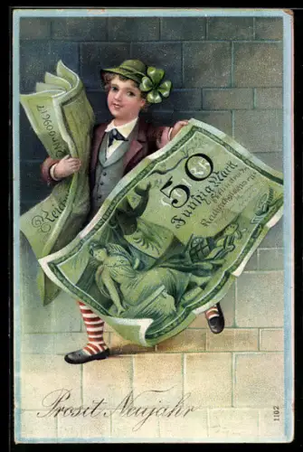 AK Knabe mit Geldscheinen 50 Mark, Neujahr