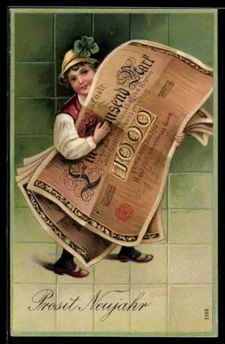 AK Junge mit riesigen Geldscheinen, 1000 Mark