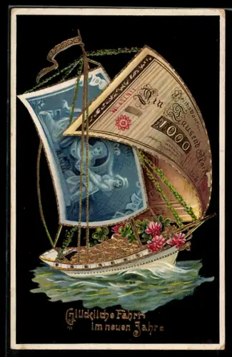 AK Segelboot mit Segeln aus Banknoten, 1000 Mark, Klee