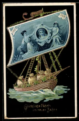 AK Segelboot mit Banknote als Segel und mit Geldsäcken beladen