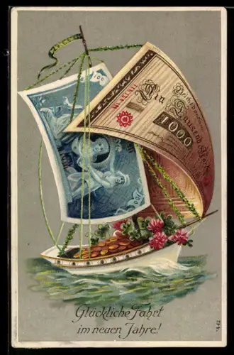 AK Segelboot mit Segeln aus Banknoten, 1000 Mark