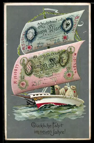 AK Segelschiff mit Geldscheinen als Segel, 20 und 50 Mark