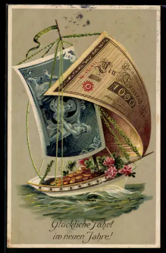 AK Segelboot mit Segeln aus Banknoten, 1000 Mark