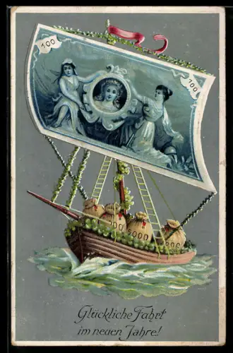 AK Segelschiff voller Geld mit Geldschein als Segel