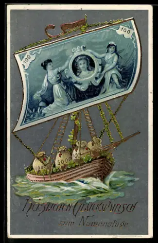 AK Segelschiff mit Geldsäcken beladen und Geldschein als Segel