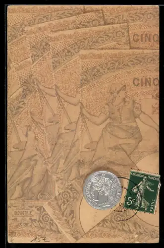 AK Französische Geldschein 5 Franken und Münze