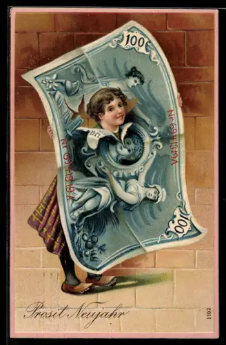 AK Frau schaut durch zerrissenen Geldschein, Neujahrsgruss