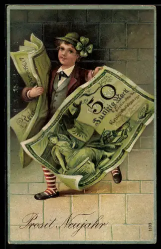 AK Knabe mit Geldscheinen 50 Mark, Neujahr