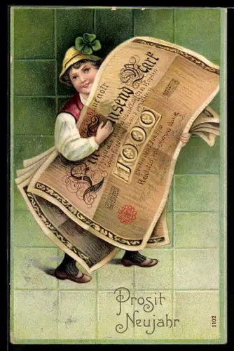 AK Neujahrsgruss, Junge mit riesigen Geldscheinen, 1000 Mark