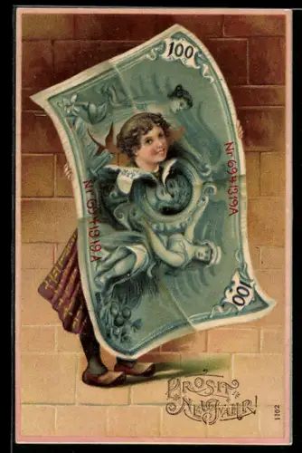 AK Frau durch zerrissenen Geldschein, Neujahrsgruss