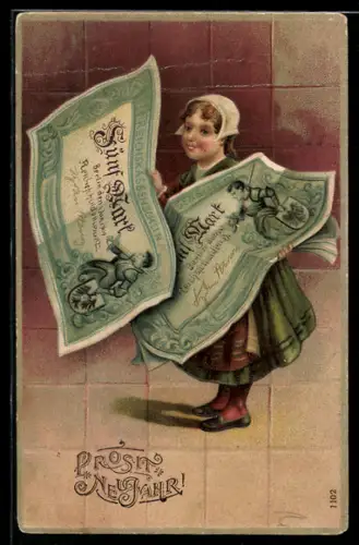 AK Mädchen mit Geldscheinen 50 Mark