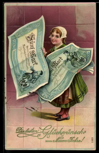 AK Mädchen mit Geldscheinen 50 Mark