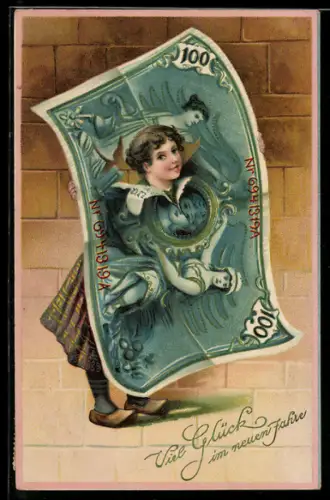 AK Frau durch zerrissenen Geldschein, Neujahr