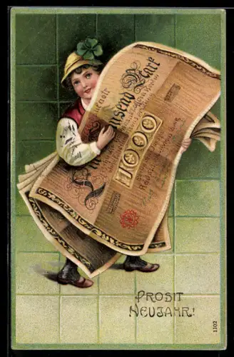 AK Junge mit riesigen Geldscheinen 1000 Mark