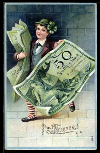 AK Knabe mit Geldscheinen 50 Mark