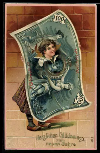 AK Frau durch zerrissenen Geldschein, Neujahrsgruss