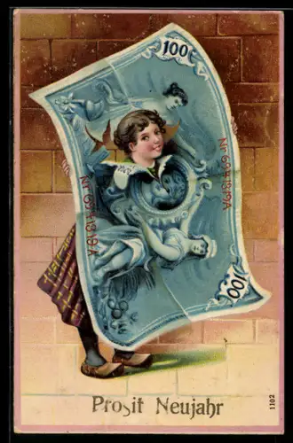 AK Frau durch zerrissenen Geldschein, Neujahrsgruss