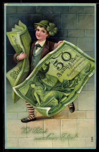 AK Knabe mit Geldscheinen 50 Mark, Neujahr