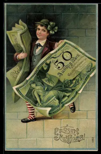 AK Knabe mit Geldscheinen 50 Mark, Prosit Neujahr