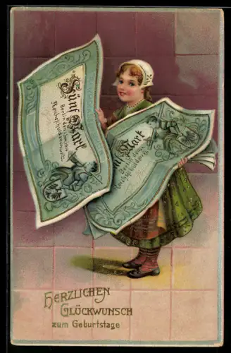 AK Mädchen mit Geldscheinen, 50 Mark, Geburtstag