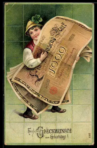 AK Knabe mit riesigen Geldscheinen, 1000 Mark