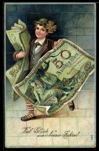 AK Knabe mit Geldscheinen 50 Mark, Neujahr