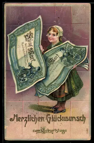 AK Mädchen mit Geldscheinen, 50 Mark, Geburtstag