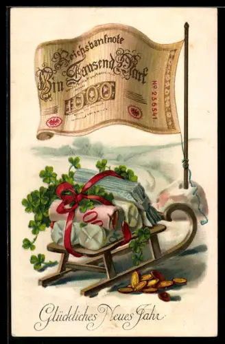AK Schlitten mit Geldscheinen und Münzen, 1000 Mark Geldscheinflagge