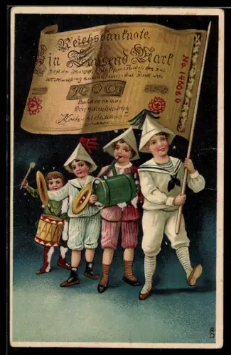 Künstler-AK Kinderparade mit Geldschein als Fahne
