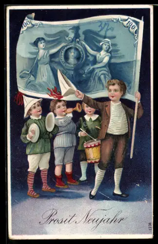 AK Kinder mit Tschingerassabumm und grosser Geldfahne - Neujahrsgruss