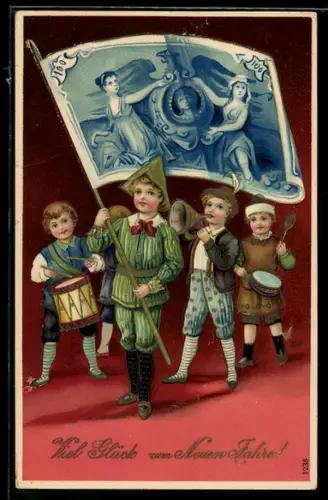 AK Kinder mit Geld-Fahne, Neujahrsgruss