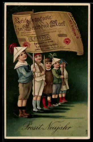 AK Kinder halten Geldbanner empor, Prosit Neujahr