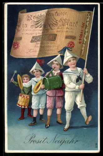Künstler-AK Kinderparade mit Geldschein als Fahne