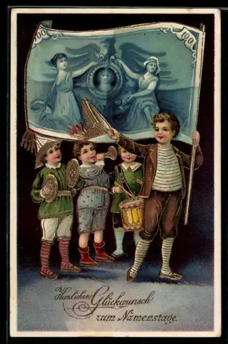 AK Reichsbanknote 100 Mark auf Fahne, SKinde musizieren zum Namenstage, Geld