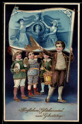 AK Reichsbanknote 100 Mark auf Fahne, Kinden musizieren zum Geburtstage, Geld